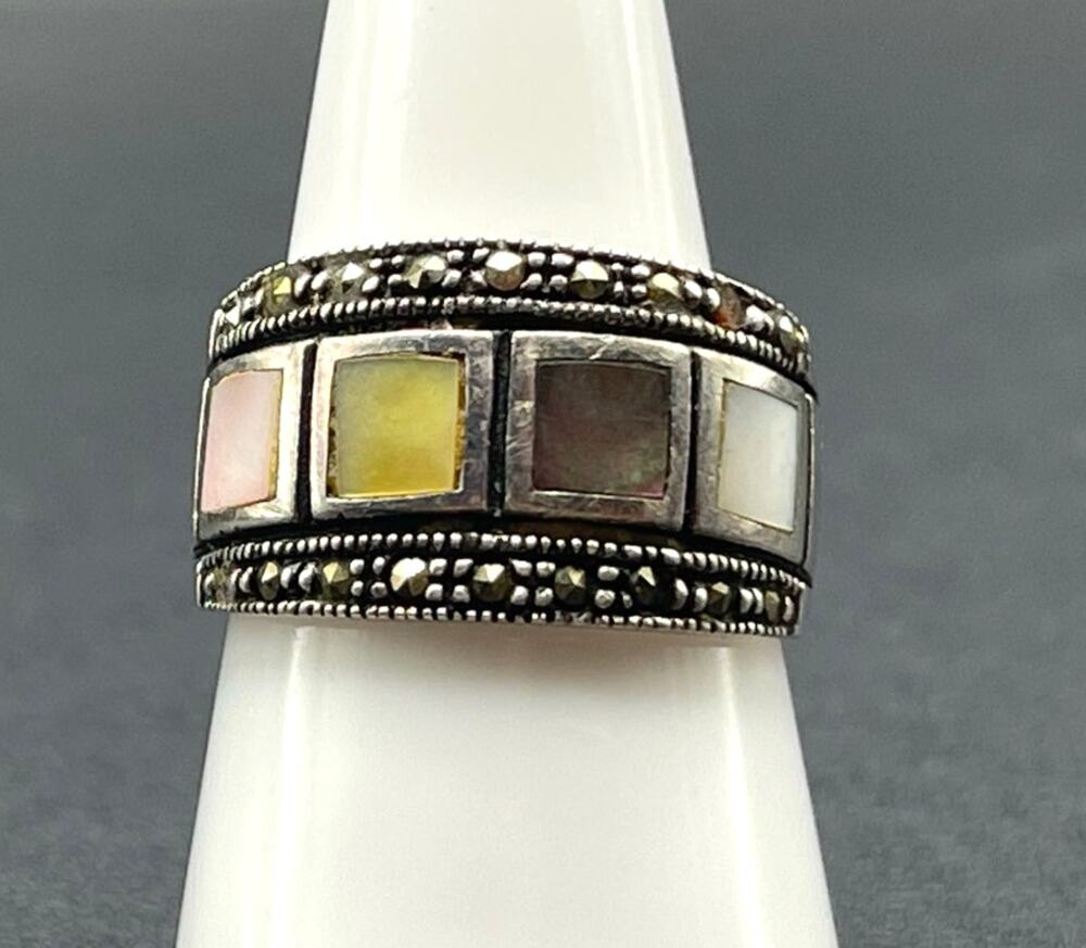 Sterling Silver Ring 925 Band with Pastel Shell Inlay Marcasites Size 8 READ
